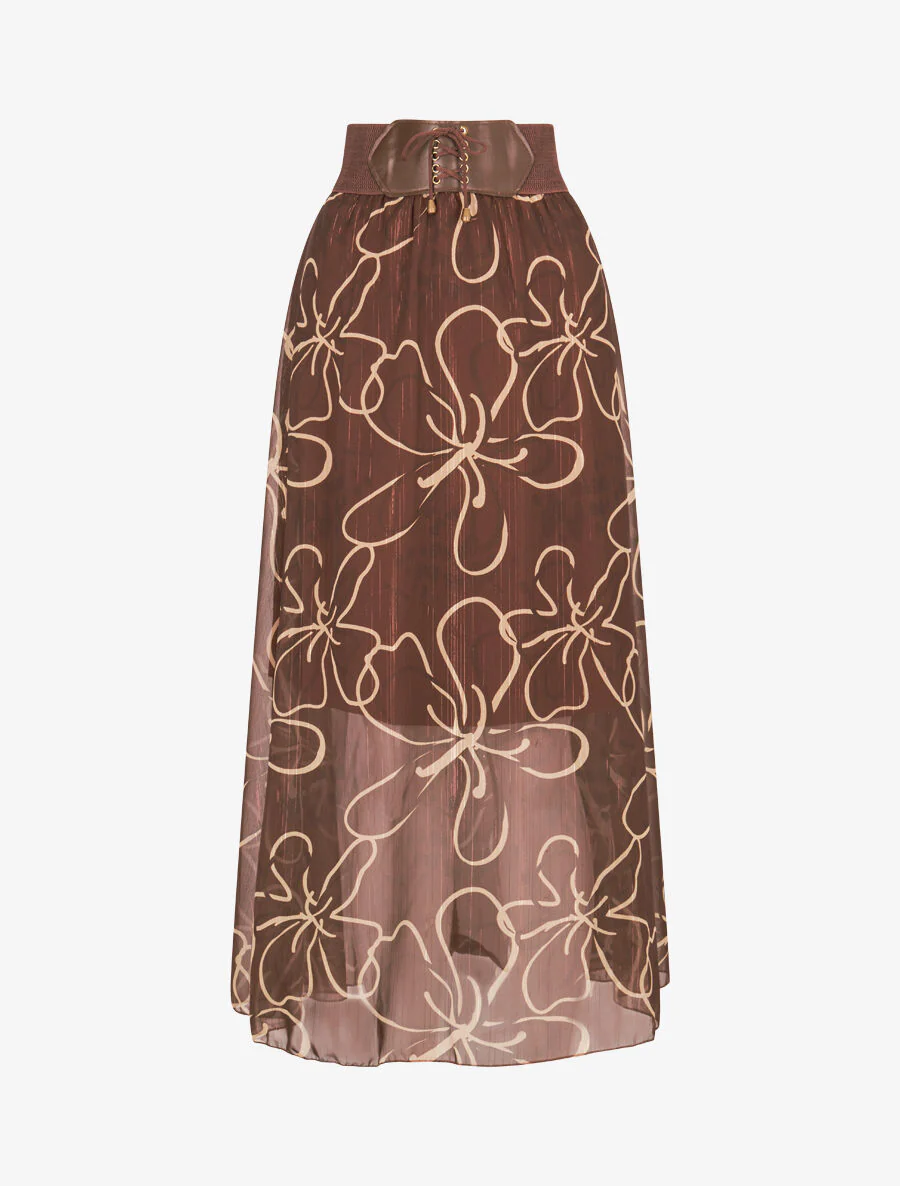 Jupe longue en voile à fleurs dessinées - Marron