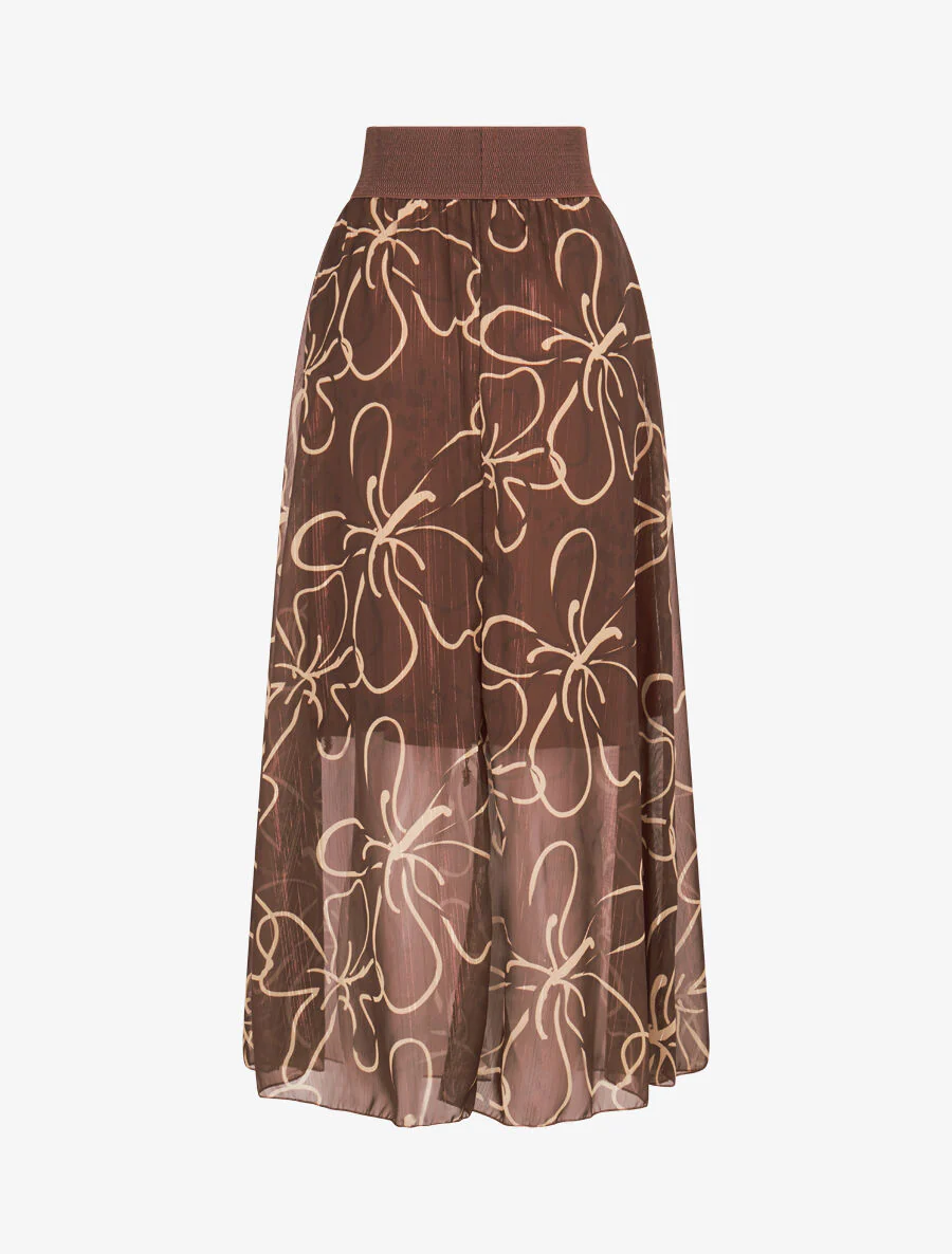 Jupe longue en voile à fleurs dessinées - Marron - Image 2