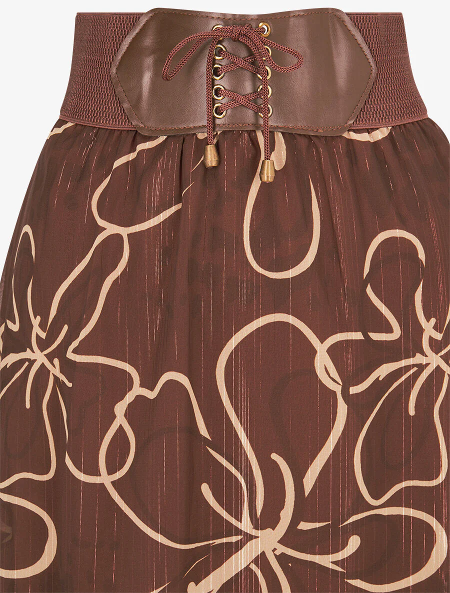 Jupe longue en voile à fleurs dessinées - Marron - Image 3