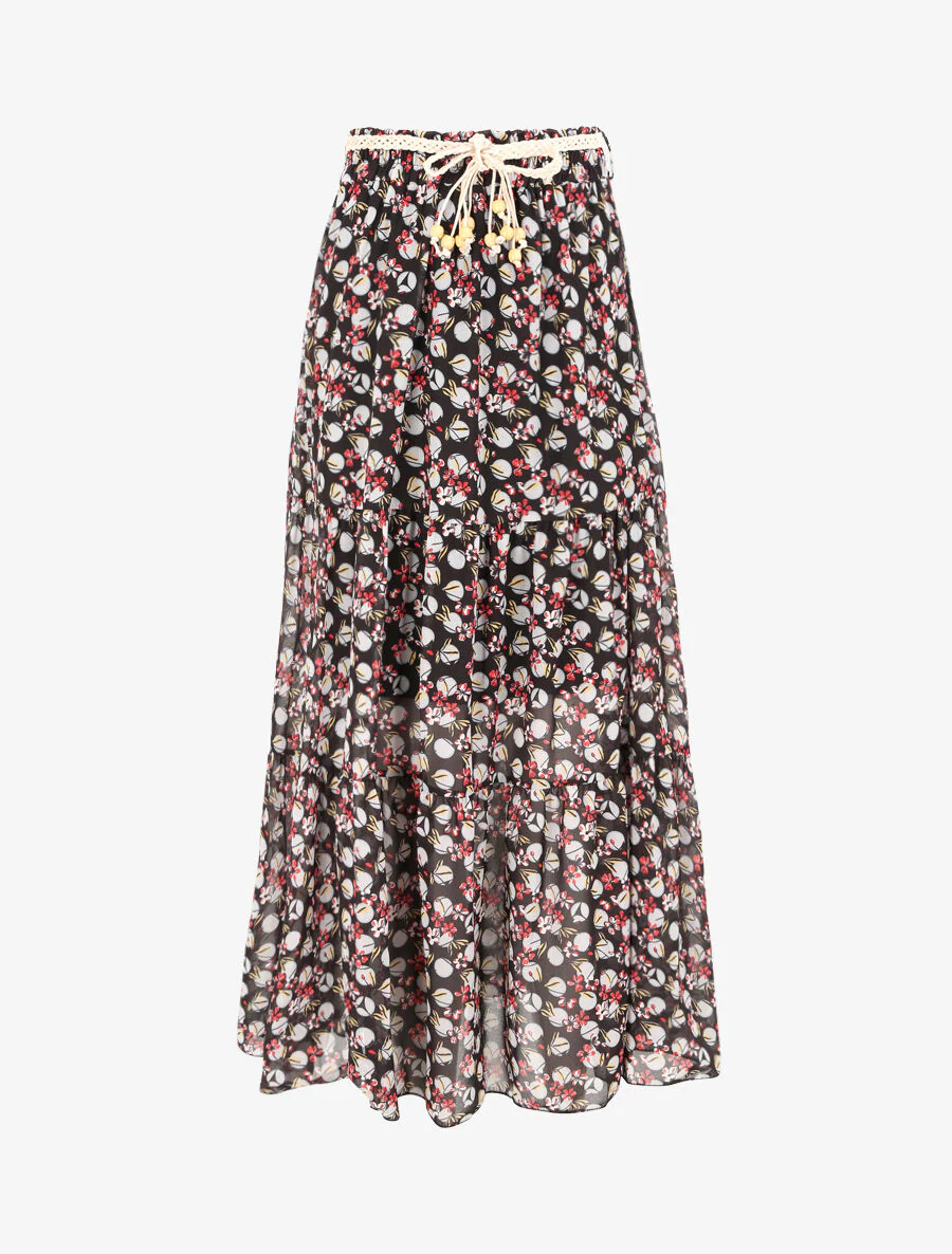 Jupe longue en voile imprimé fleurs et pois - Noir