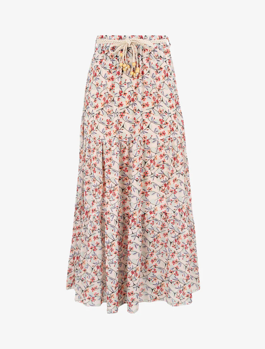 Jupe longue en voile imprimé fleurs et pois - Beige