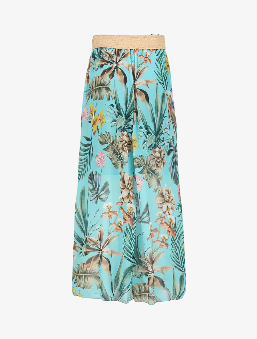 Jupe longue en voile imprimé fleurs tropicales - Bleu turquoise - Image 2