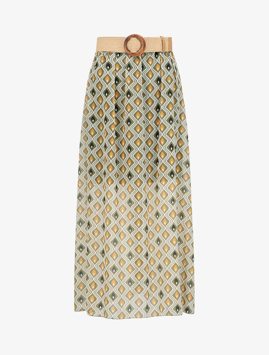 Jupe longue en voile imprimé géométrique stylisé - Kaki