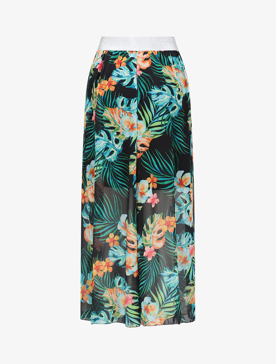 Jupe longue en voile imprimé tropical à ceinture contrastante - Noir - Image 2