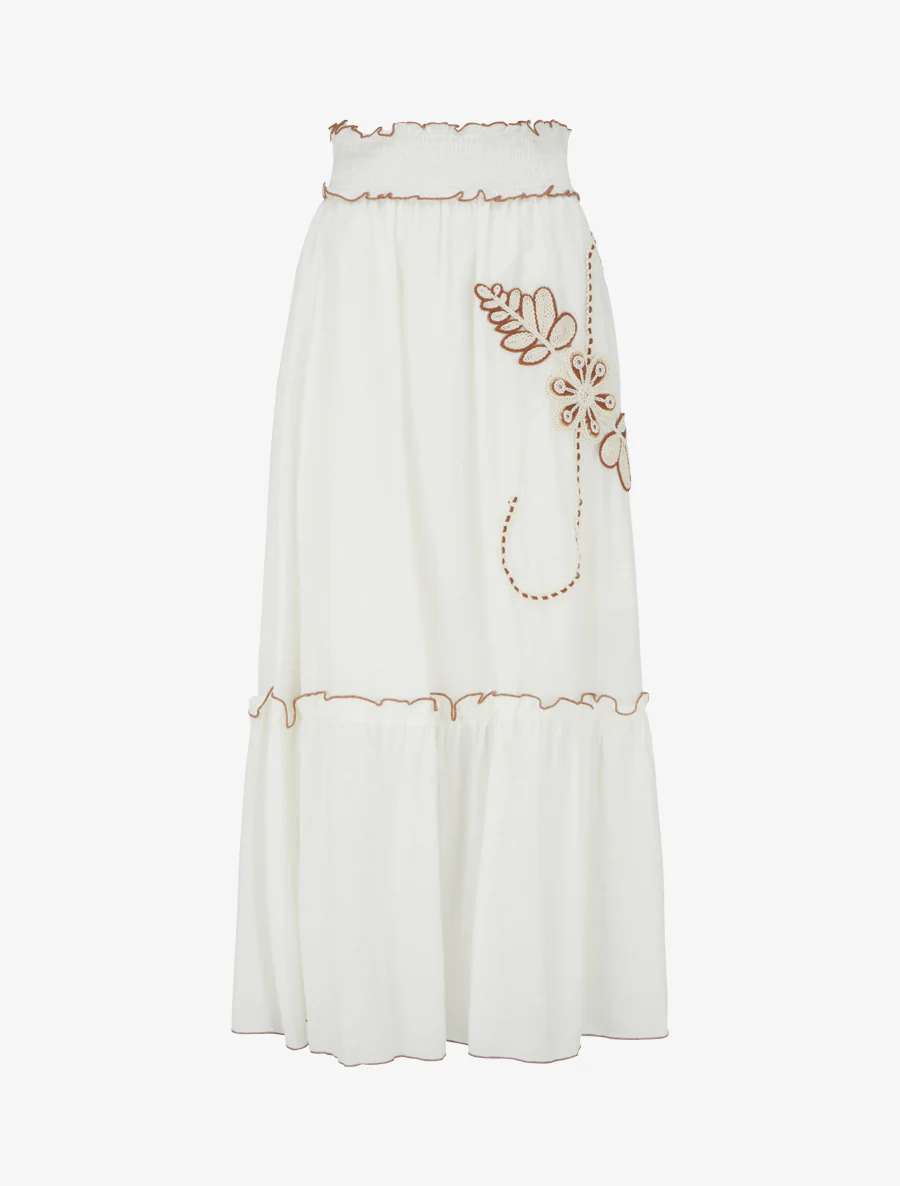 Jupe longue évasée à motif floral brodé - Blanc