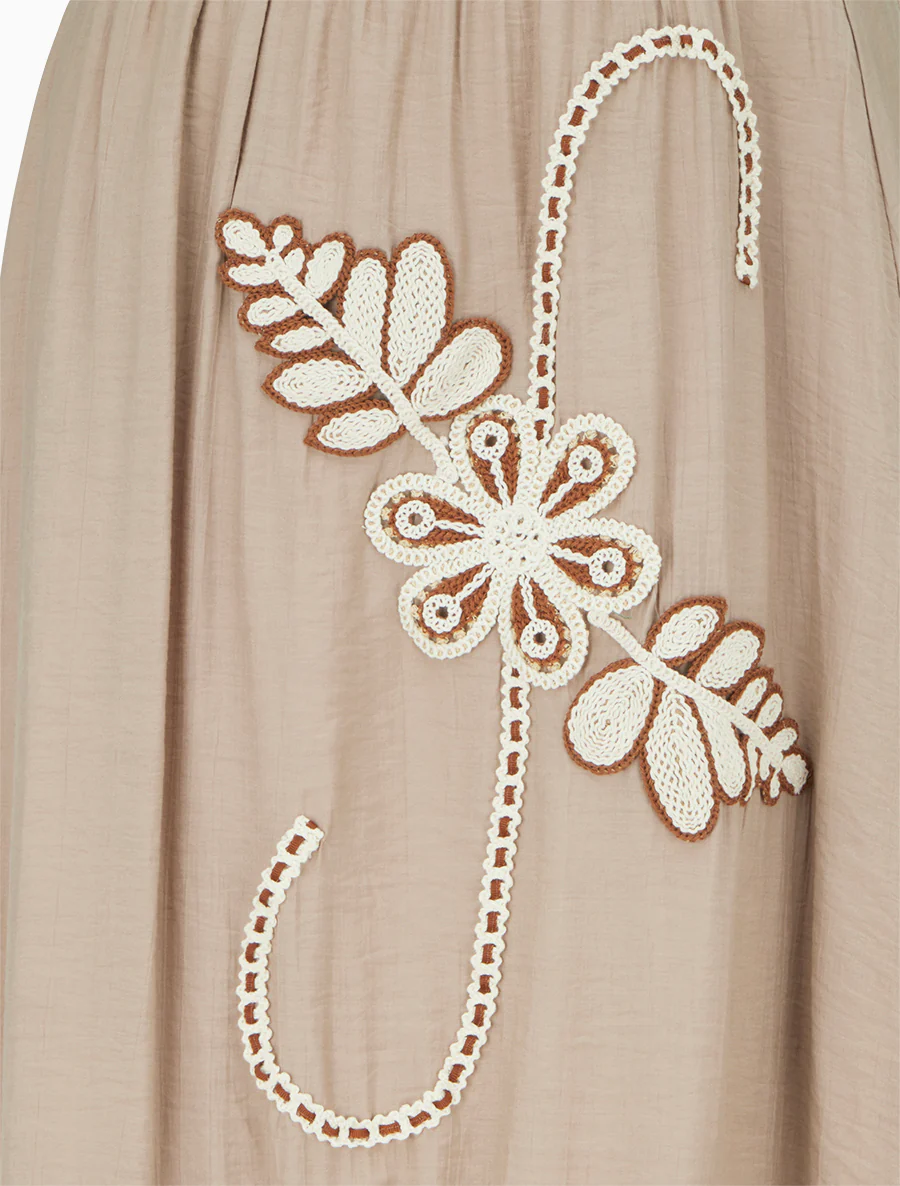 Jupe longue évasée à motif floral brodé - Taupe - Image 3
