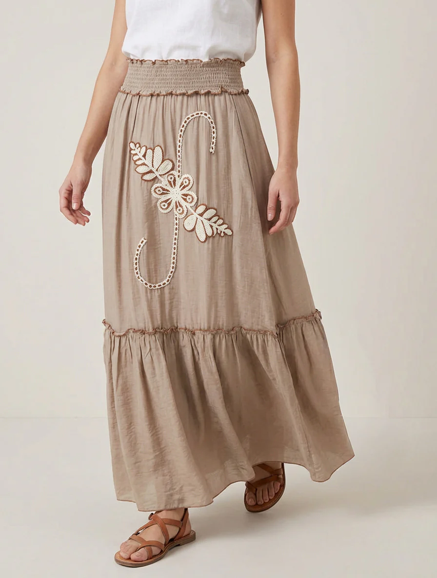 Jupe longue évasée à motif floral brodé - Taupe - Image 4