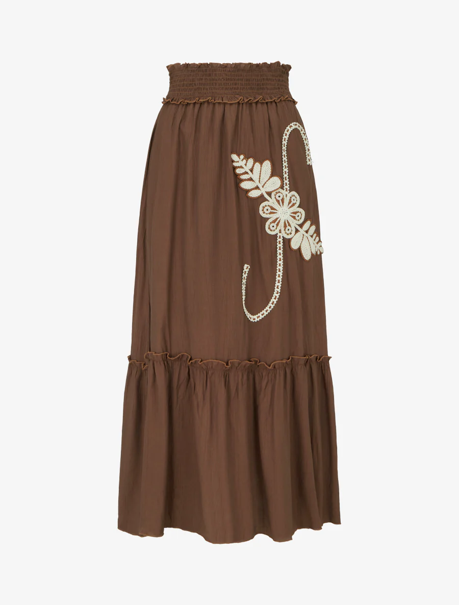Jupe longue évasée à motif floral brodé - Marron
