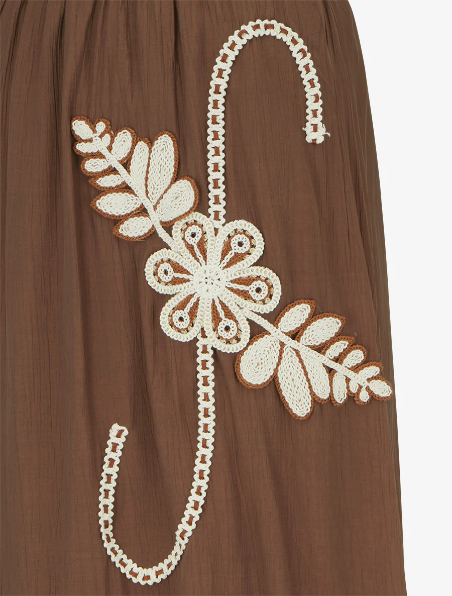 Jupe longue évasée à motif floral brodé - Marron - Image 3