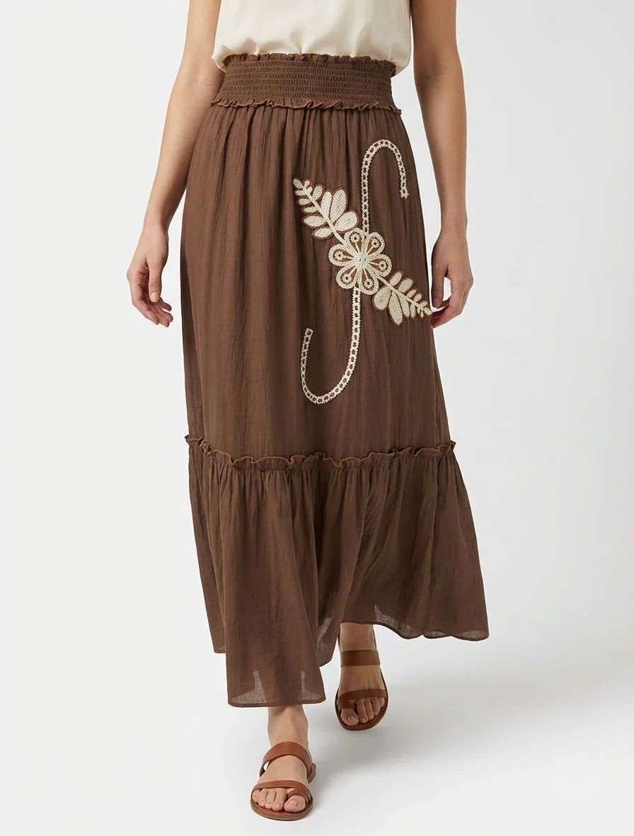 Jupe longue évasée à motif floral brodé - Marron - Image 4
