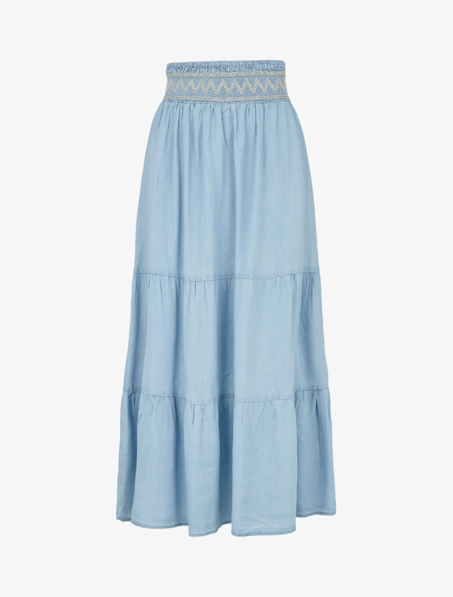 Jupe longue évasée à taille élastiquée fantaisie - Bleu clair