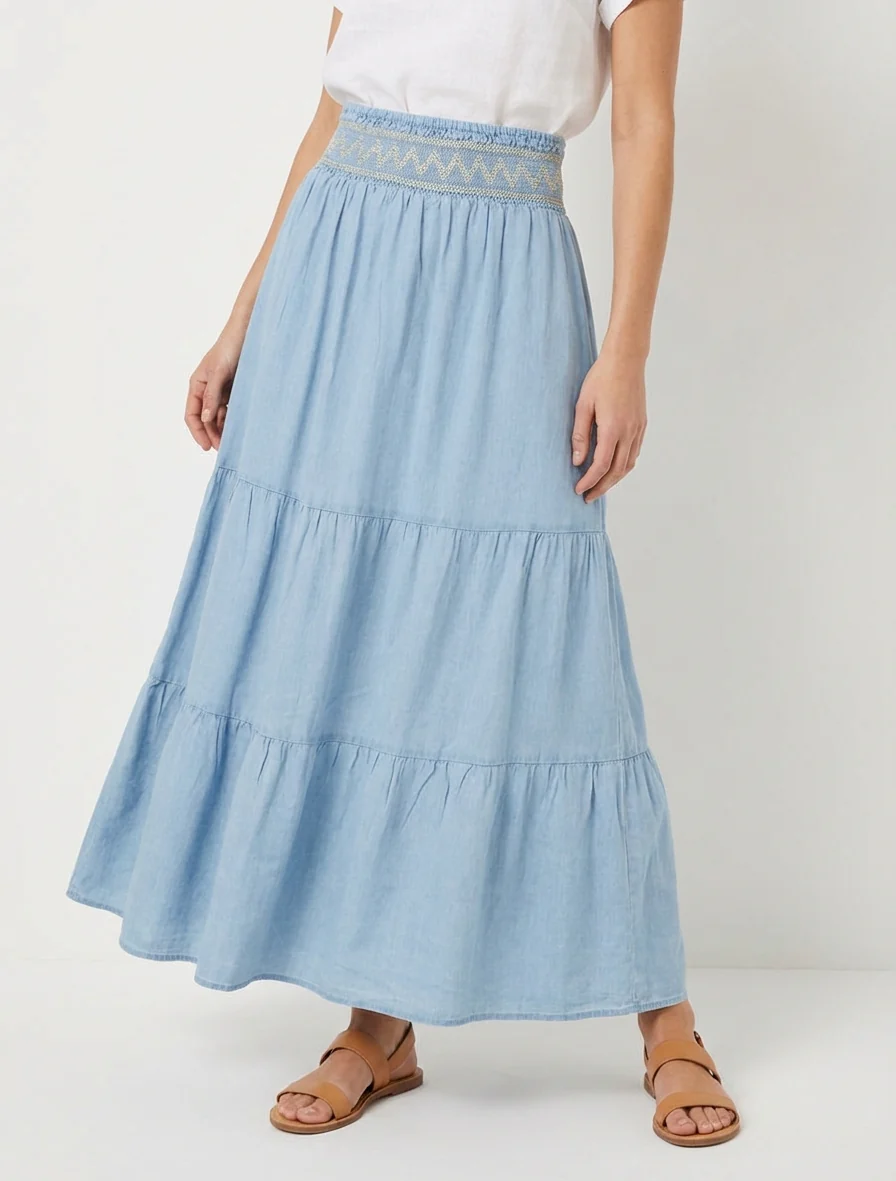 Jupe longue évasée à taille élastiquée fantaisie - Bleu clair - Image 4