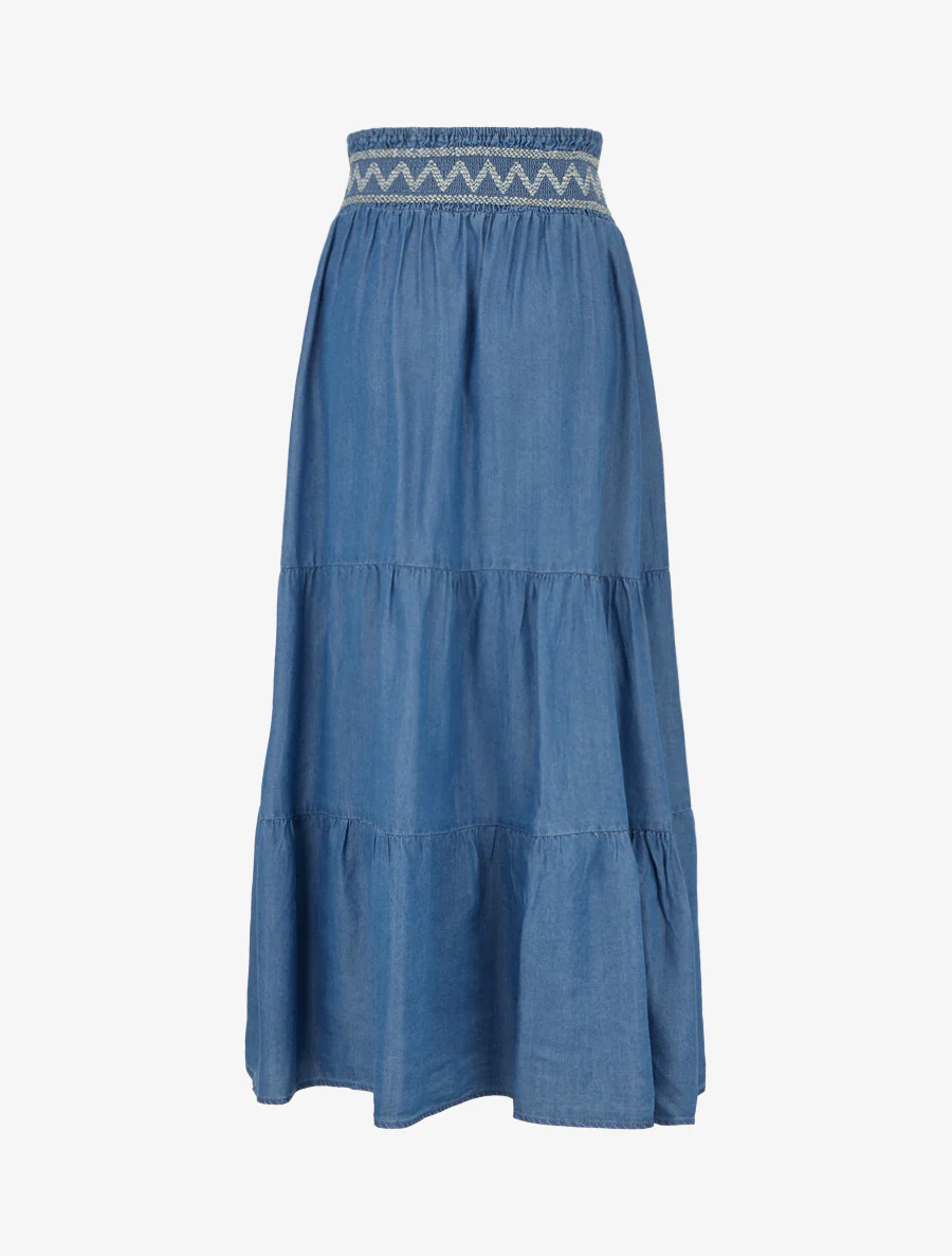 Jupe longue évasée à taille élastiquée fantaisie - Bleu denim - Image 2