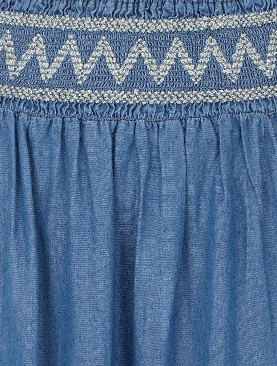 Jupe longue évasée à taille élastiquée fantaisie - Bleu denim - Image 3