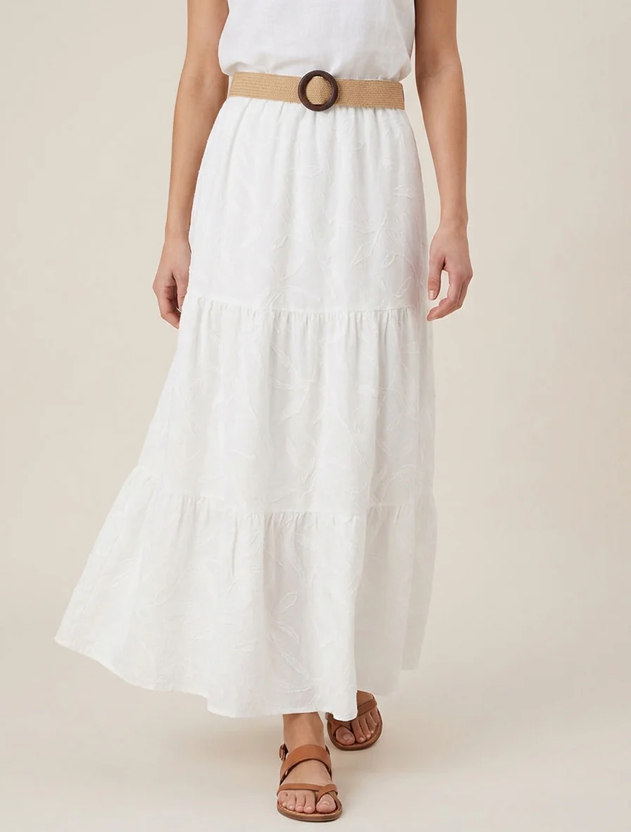 Jupe longue évasée en tissu texturé - Blanc - Image 4