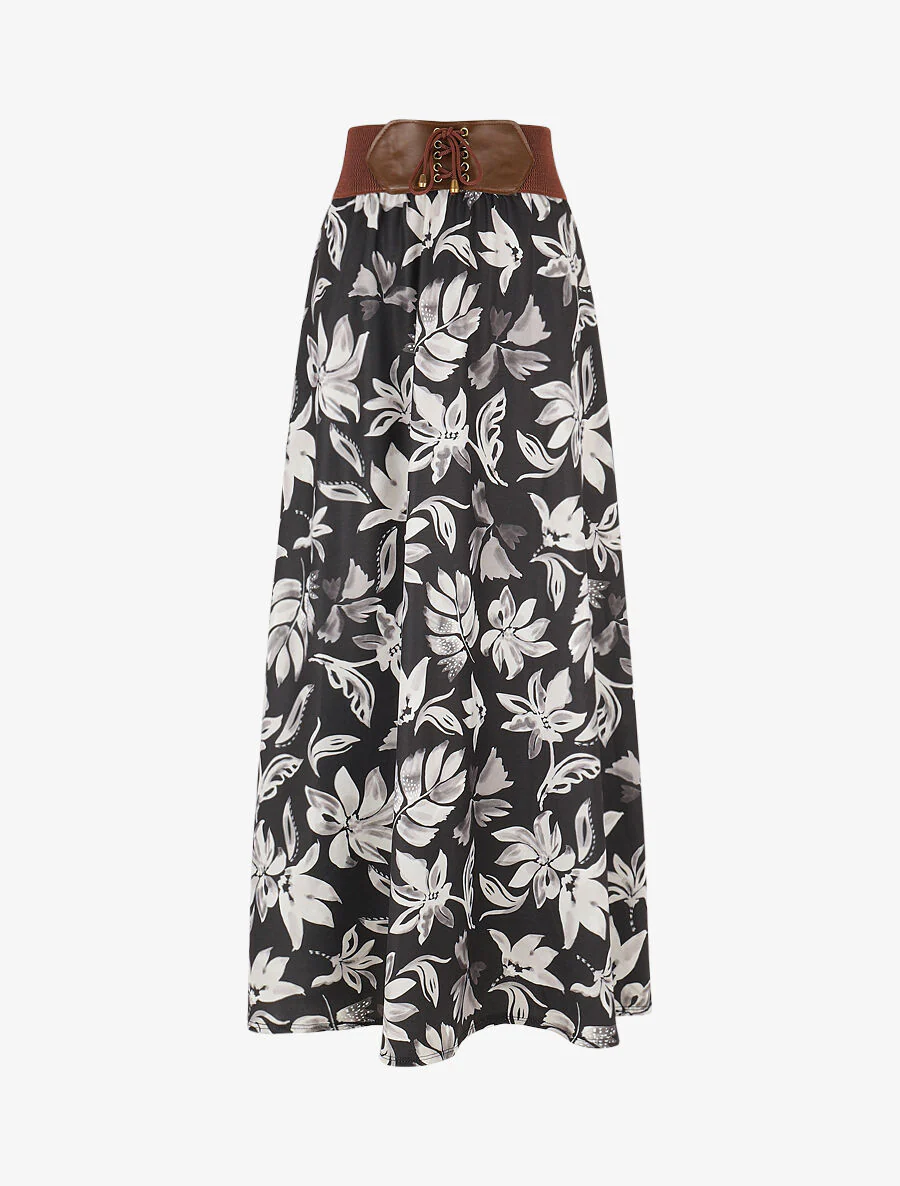 Jupe longue évasée imprimé floral - Noir