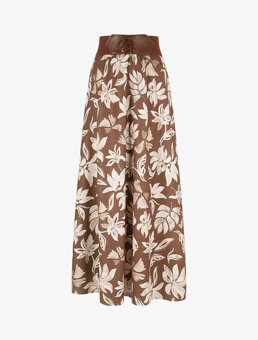 Jupe longue évasée imprimé floral - Marron