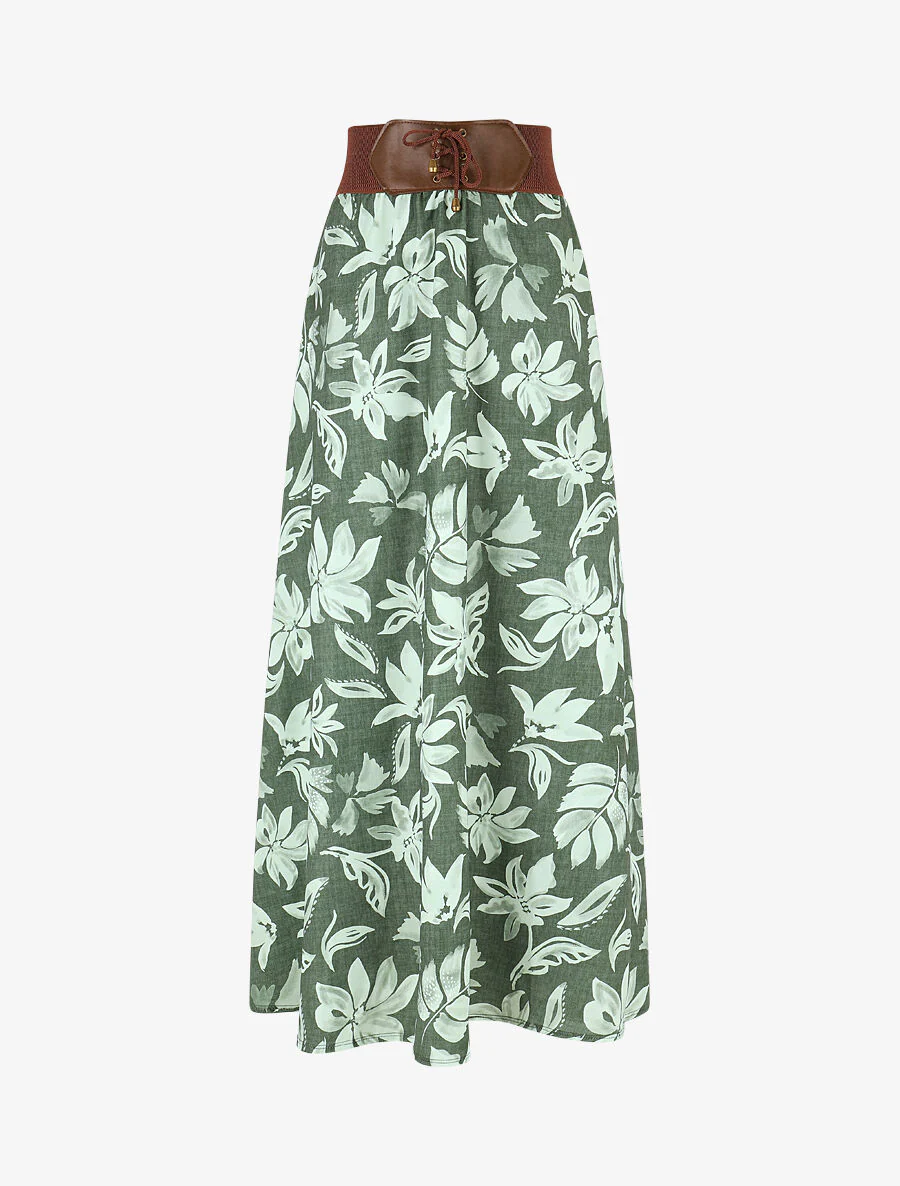 Jupe longue évasée imprimé floral - Kaki