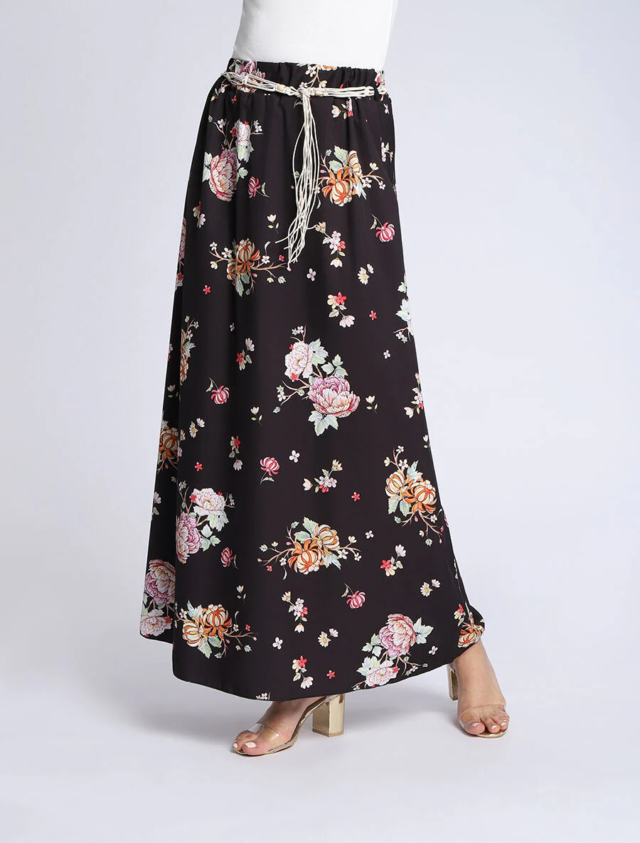 Jupe longue évasée imprimé pivoines - Noir - Image 3