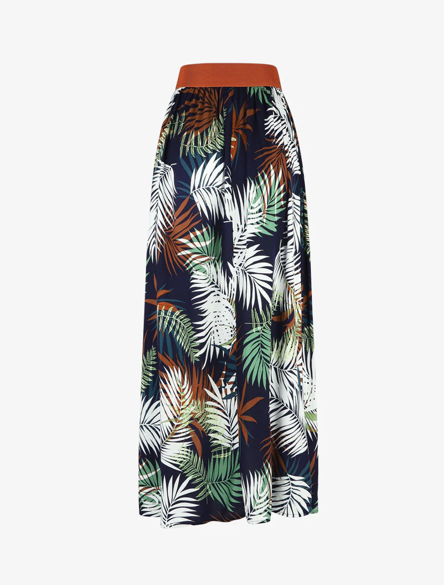 Jupe longue évasée imprimé tropical - Marine - Image 2