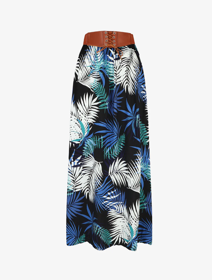 Jupe longue évasée imprimé tropical - Noir