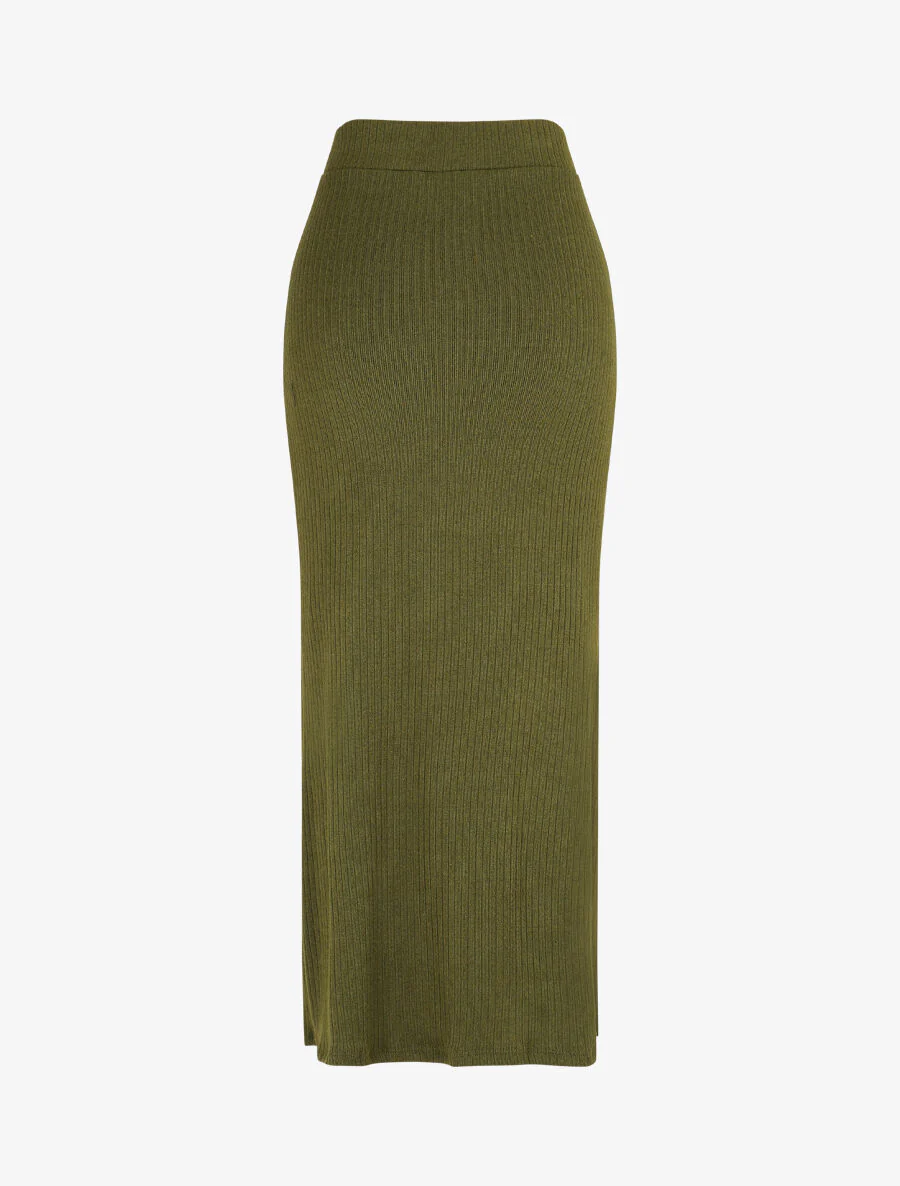 Jupe longue fendue en maille - Kaki - Image 2