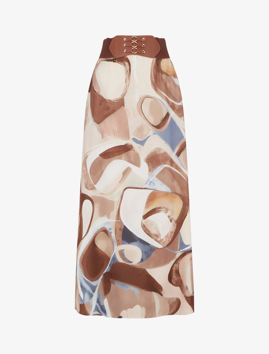 Jupe longue imprimé abstrait à taille fantaisie - Beige foncé