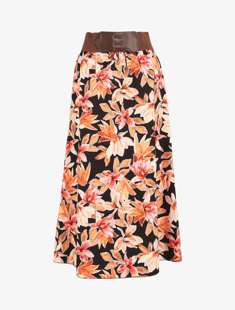 Jupe longue imprimé fleurs à taille haute - Noir