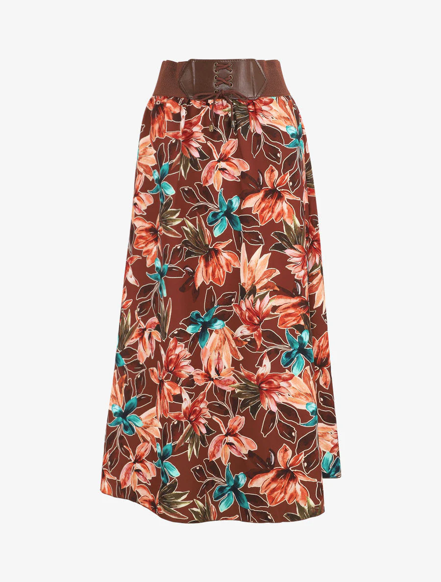 Jupe longue imprimé fleurs à taille haute - Marron