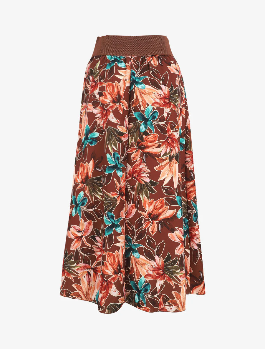 Jupe longue imprimé fleurs à taille haute - Marron - Image 2
