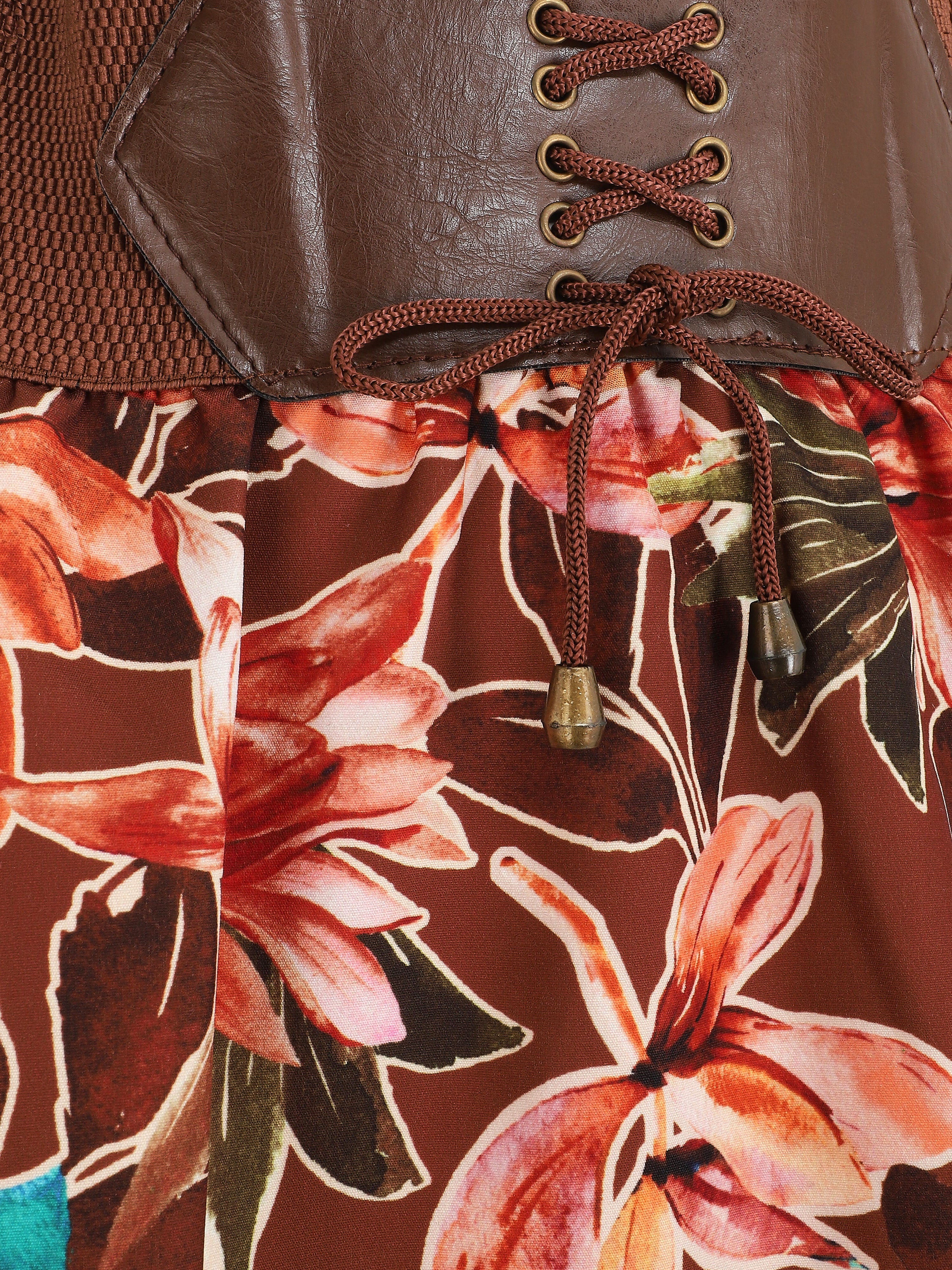 Jupe longue imprimé fleurs à taille haute - Marron - Image 3