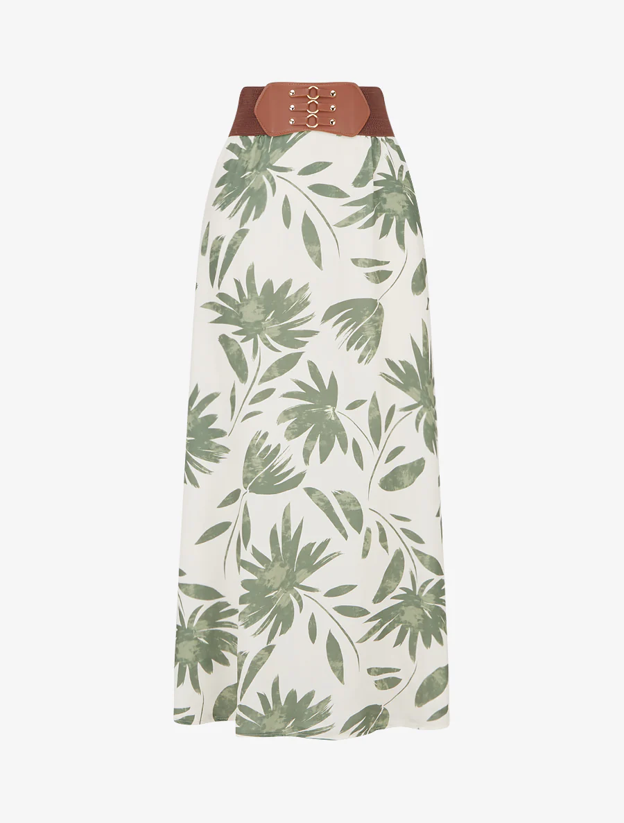 Jupe longue imprimé floral à taille fantaisie - Kaki