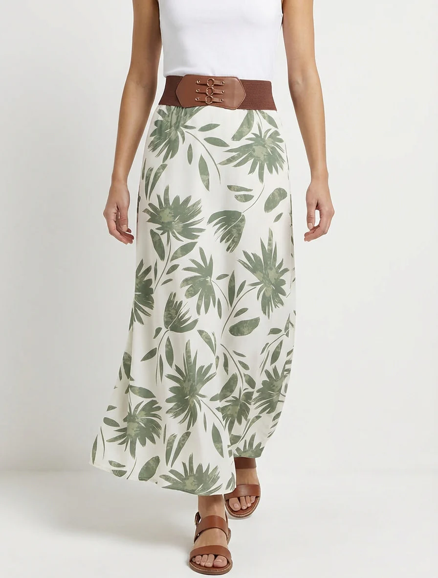 Jupe longue imprimé floral à taille fantaisie - Kaki - Image 4