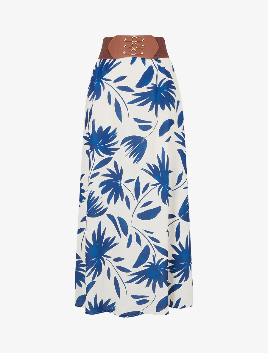 Jupe longue imprimé floral à taille fantaisie - Bleu foncé