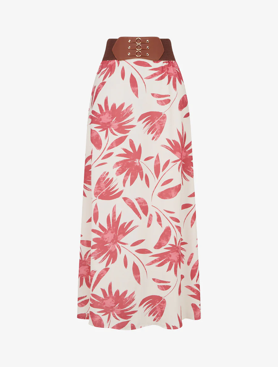 Jupe longue imprimé floral à taille fantaisie - Rose foncé