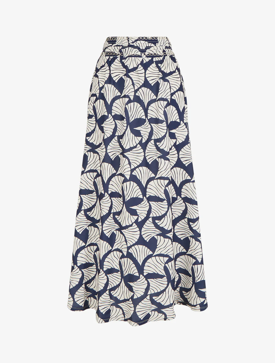 Jupe longue imprimé ginkgo à détail brodé - Marine