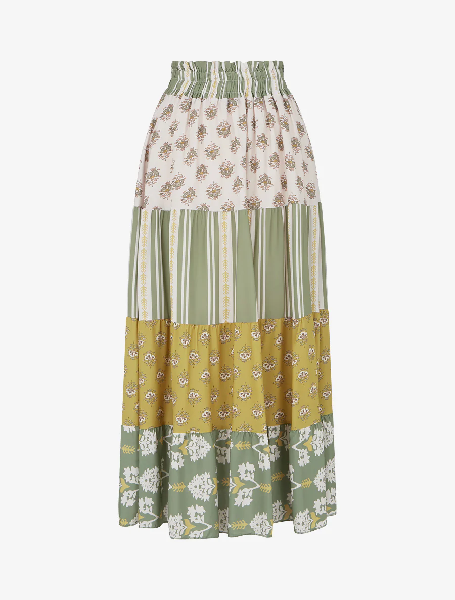 Jupe longue patchwork coupe évasée - Vert olive