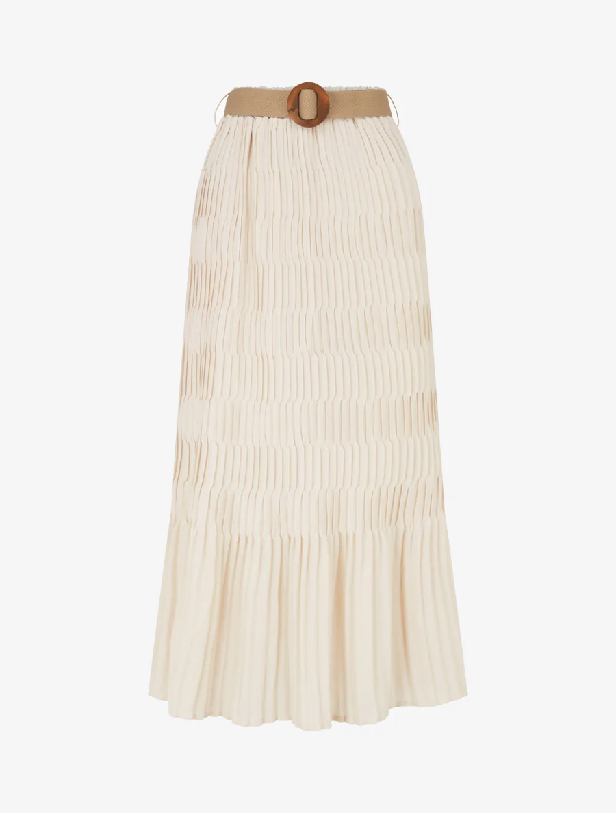 Jupe longue plissée à taille élastiquée - Beige