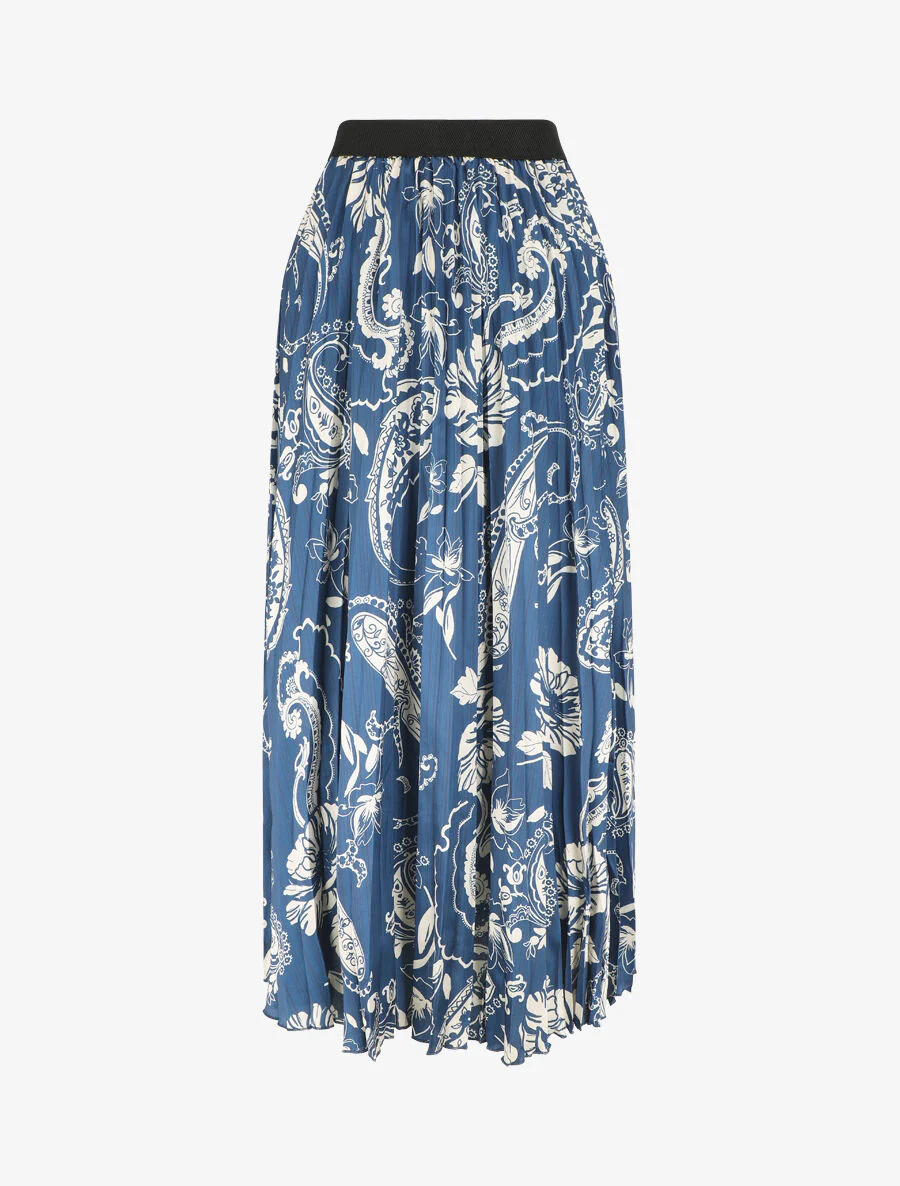 Jupe longue plissée imprimé foulard - Bleu