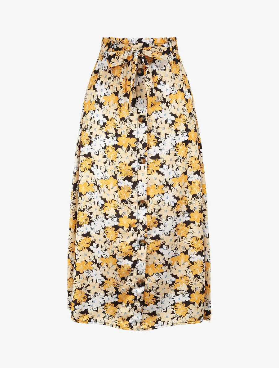 Jupe longue satinée imprimé fleur de lys - Jaune