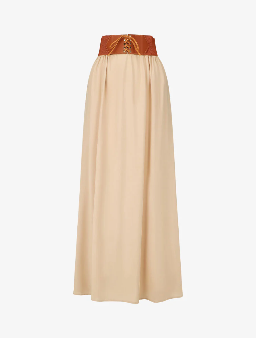 Jupe longue unie à taille élastiquée - Beige