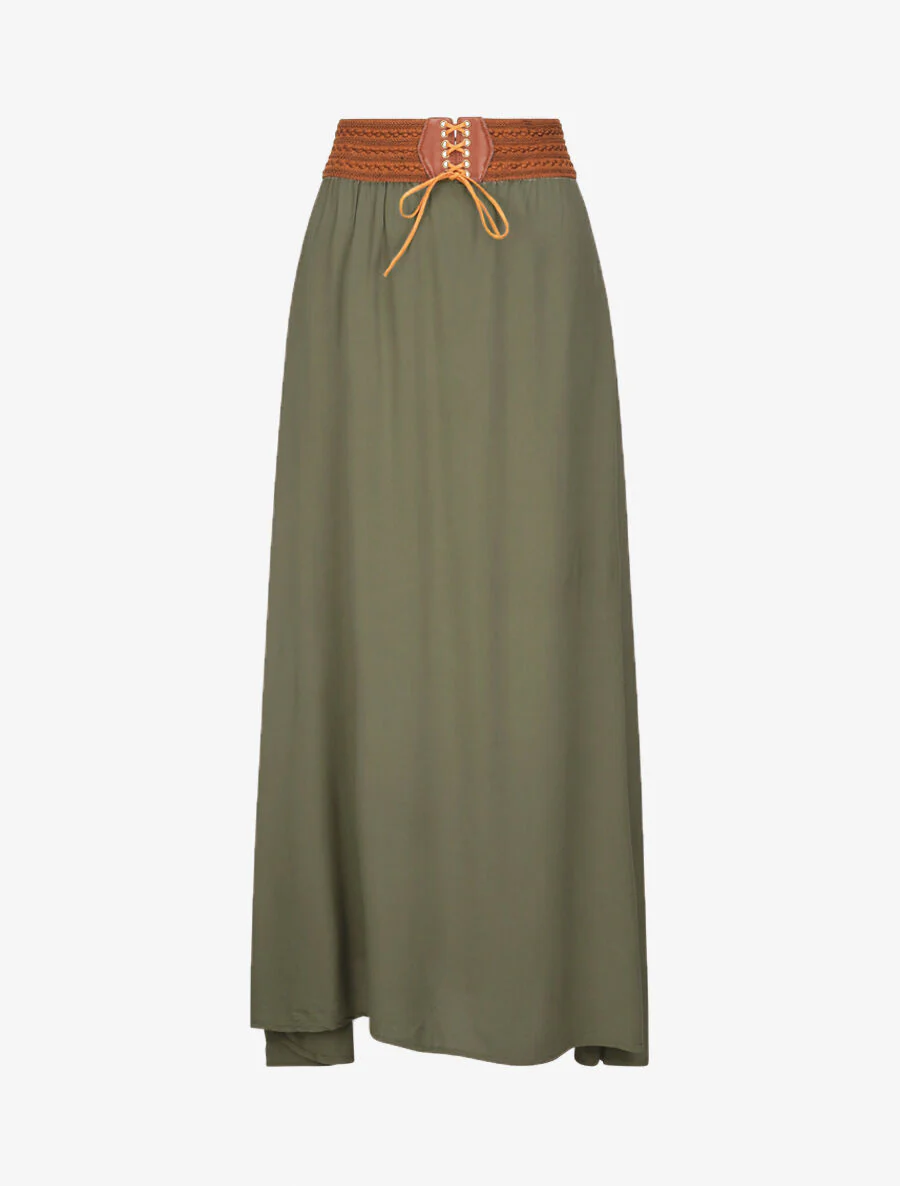 Jupe longue unie à taille haute contrastante - Kaki