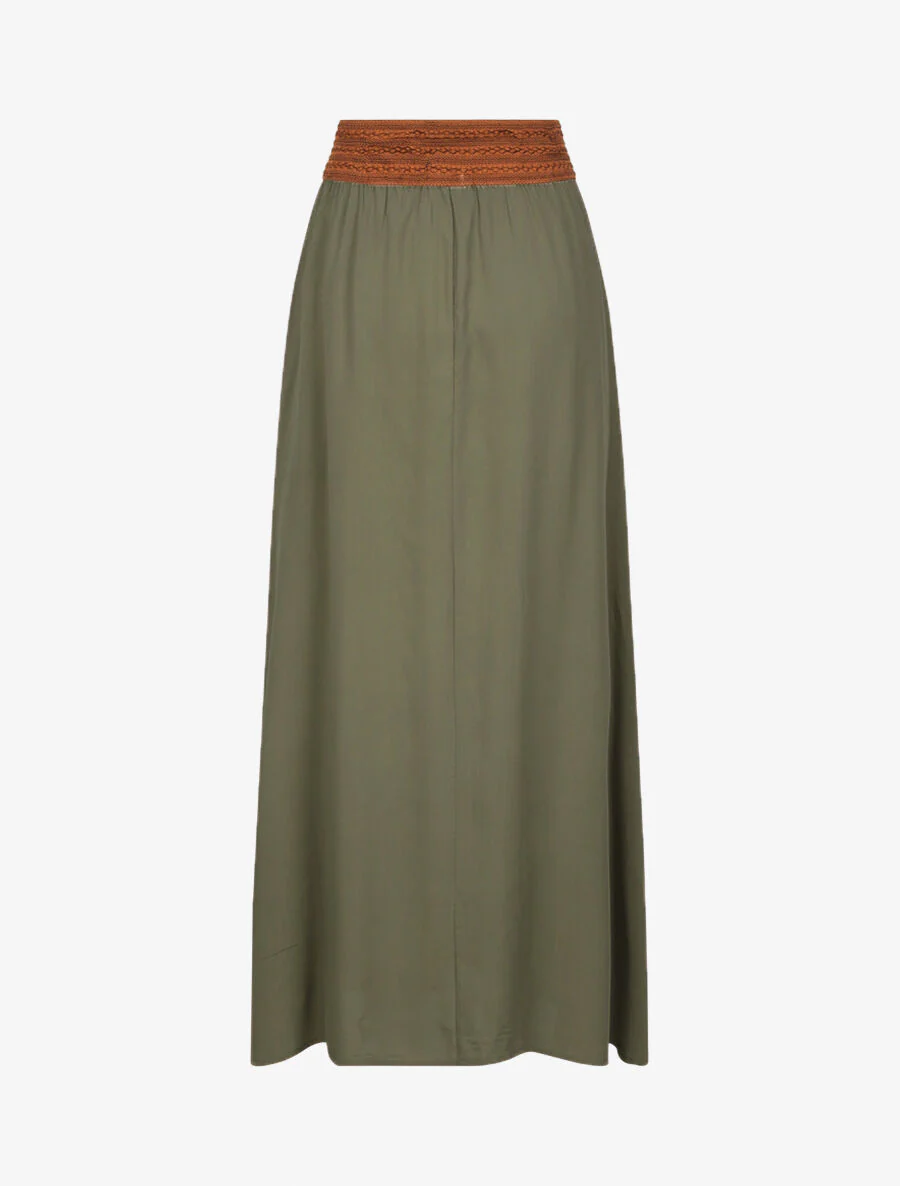 Jupe longue unie à taille haute contrastante - Kaki - Image 2