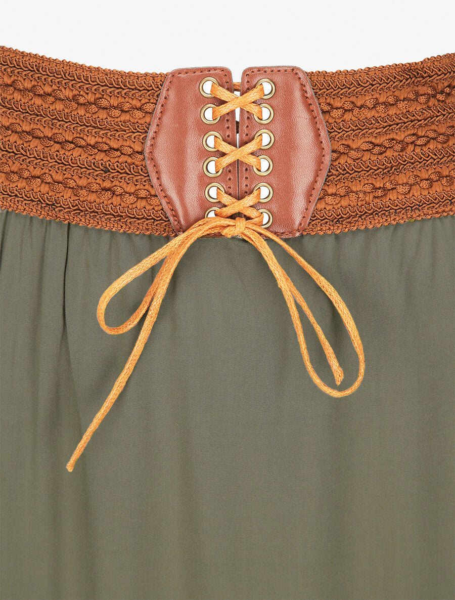 Jupe longue unie à taille haute contrastante - Kaki - Image 3