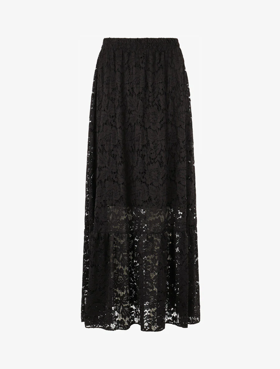 Jupe longue unie en dentelle - Noir