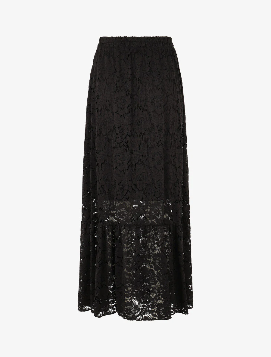 Jupe longue unie en dentelle - Noir - Image 2