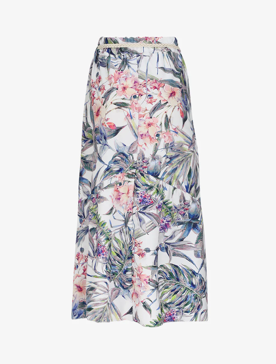 Jupe mi-longue à couture en V imprimé plantes tropicales - Blanc - Image 2