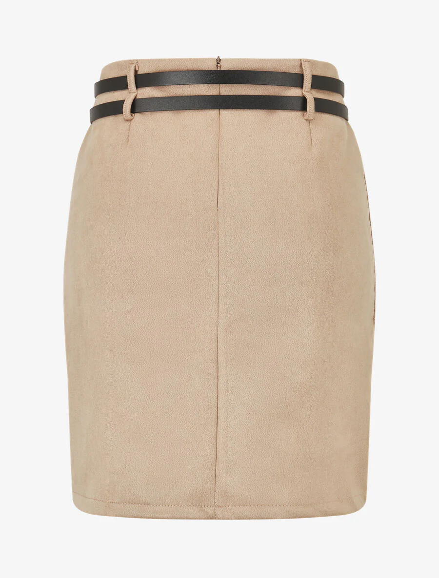Jupe mi-longue en suédine à double passants - Beige - Image 2