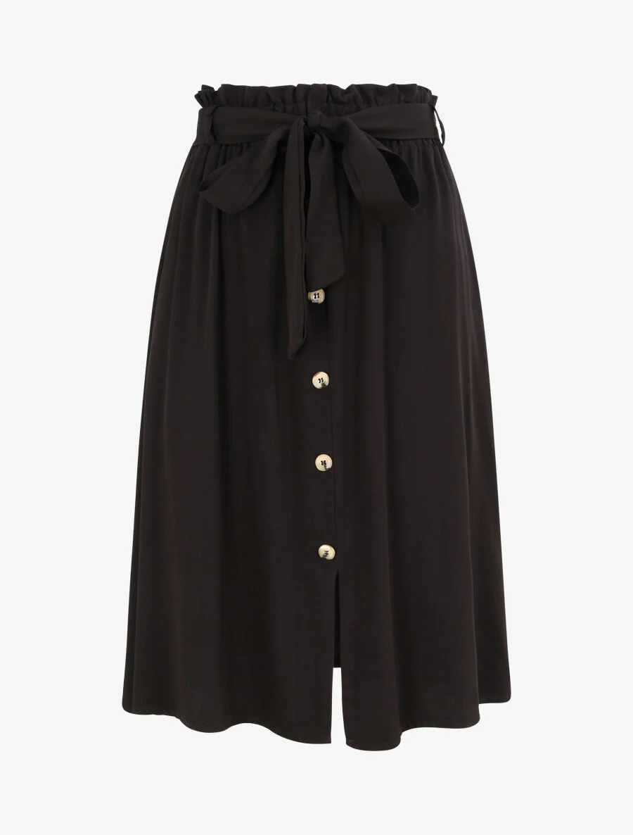 Jupe mi-longue évasée unie à taille froncée - Noir
