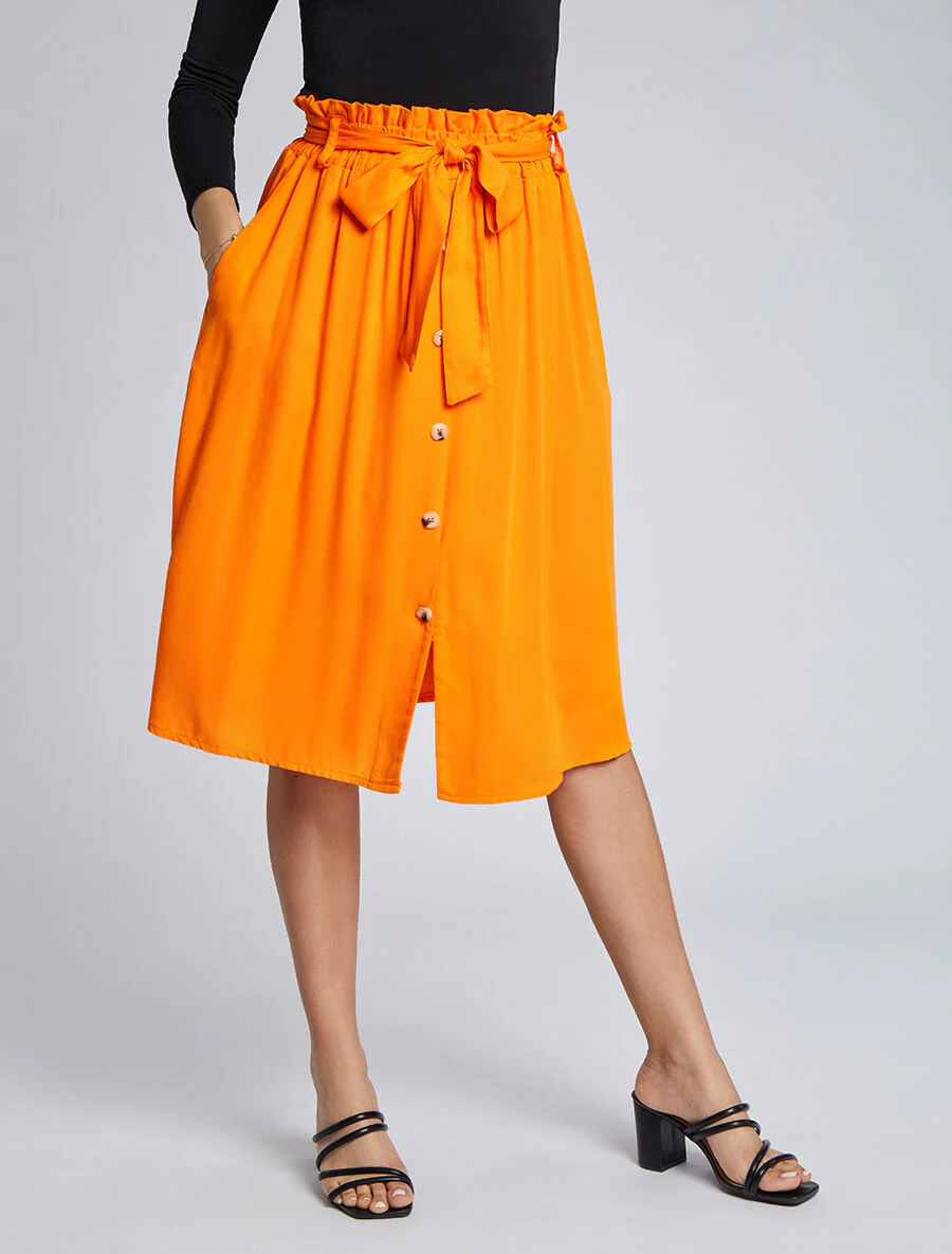 Jupe mi-longue évasée unie à taille froncée - Orange - Image 4